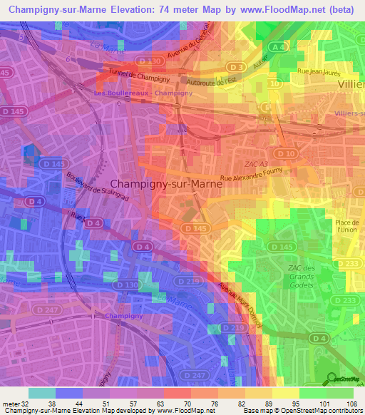 Champigny-sur-Marne,France Elevation Map