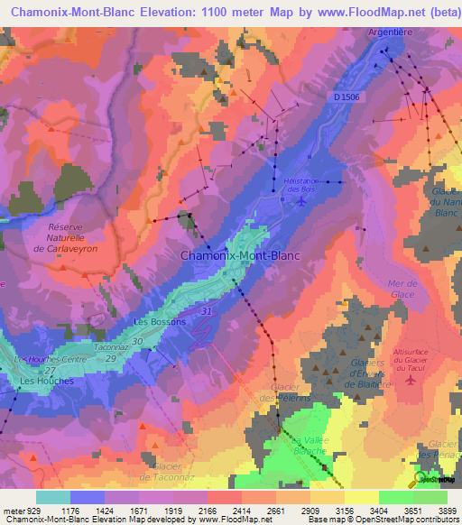 Chamonix-Mont-Blanc,France Elevation Map