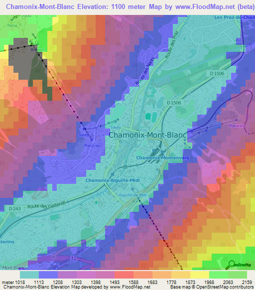 Chamonix-Mont-Blanc,France Elevation Map