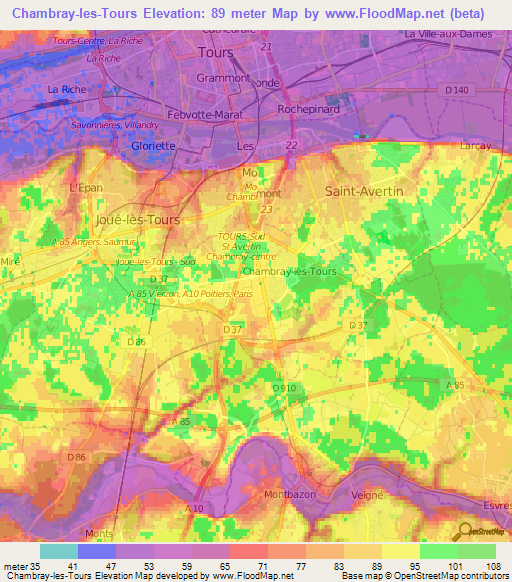 Chambray-les-Tours,France Elevation Map