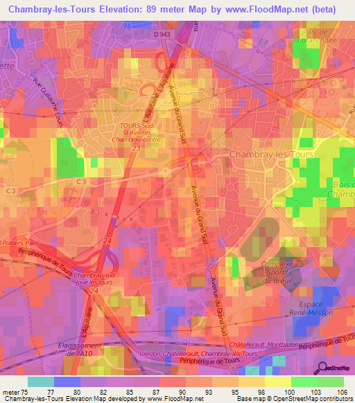 Chambray-les-Tours,France Elevation Map