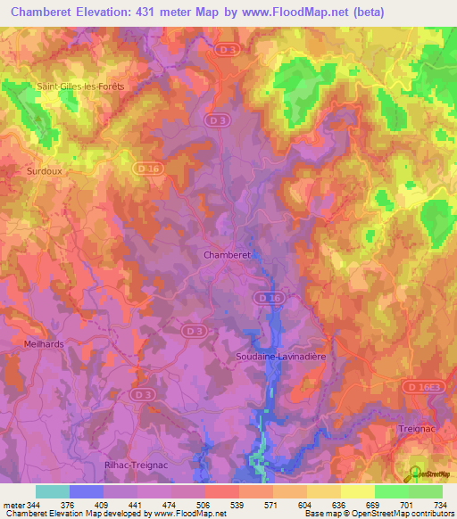 Chamberet,France Elevation Map