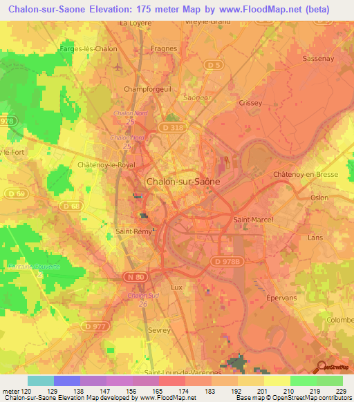 Chalon-sur-Saone,France Elevation Map