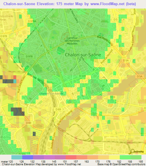 Chalon-sur-Saone,France Elevation Map