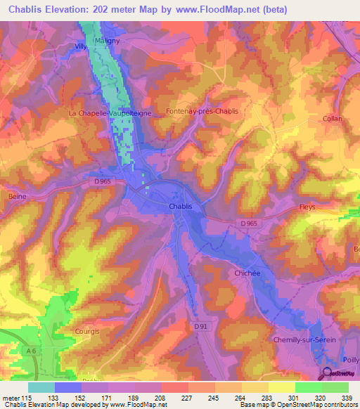 Chablis,France Elevation Map