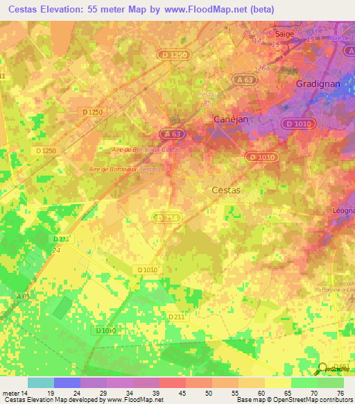 Cestas,France Elevation Map