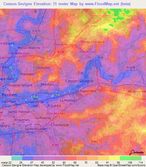 Cesson-Sevigne,France Elevation Map