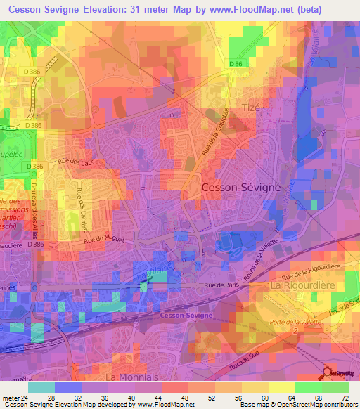 Cesson-Sevigne,France Elevation Map