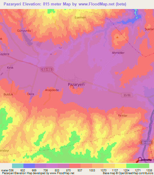 Pazaryeri,Turkey Elevation Map