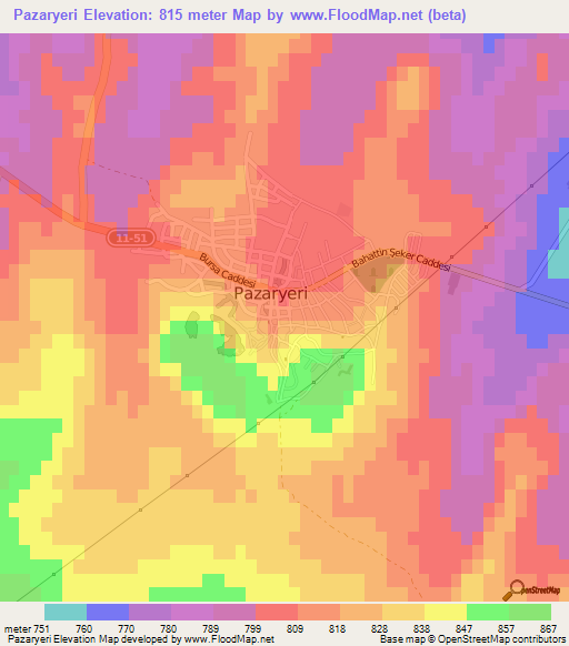 Pazaryeri,Turkey Elevation Map