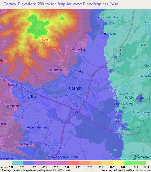Cernay,France Elevation Map