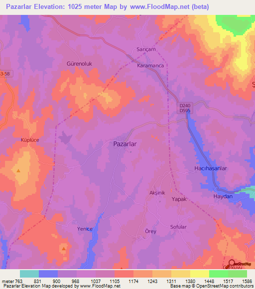 Pazarlar,Turkey Elevation Map