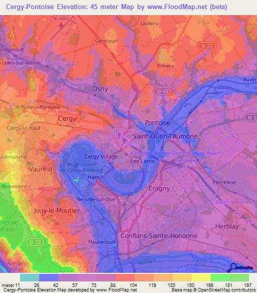 Cergy-Pontoise,France Elevation Map