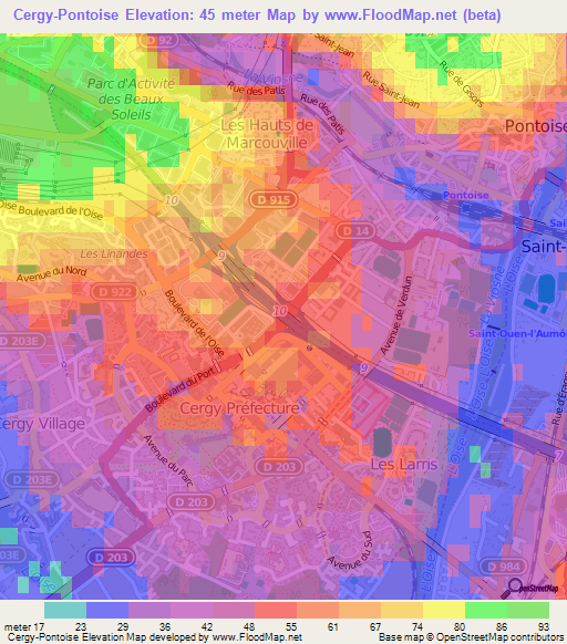 Cergy-Pontoise,France Elevation Map