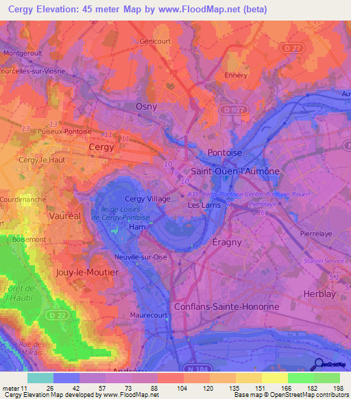 Cergy,France Elevation Map