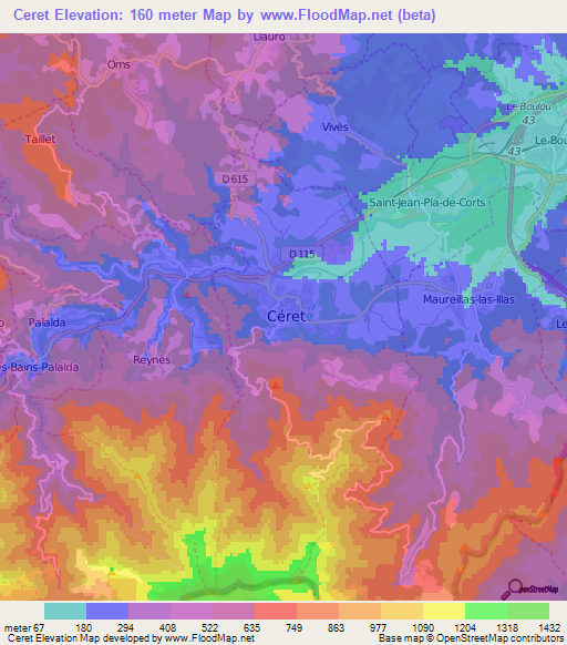 Ceret,France Elevation Map