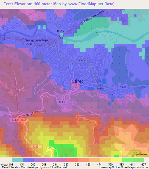 Ceret,France Elevation Map