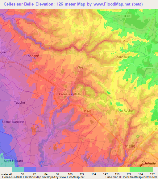 Celles-sur-Belle,France Elevation Map