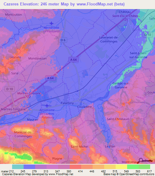 Cazeres,France Elevation Map