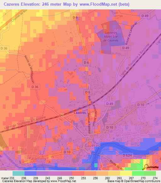 Cazeres,France Elevation Map