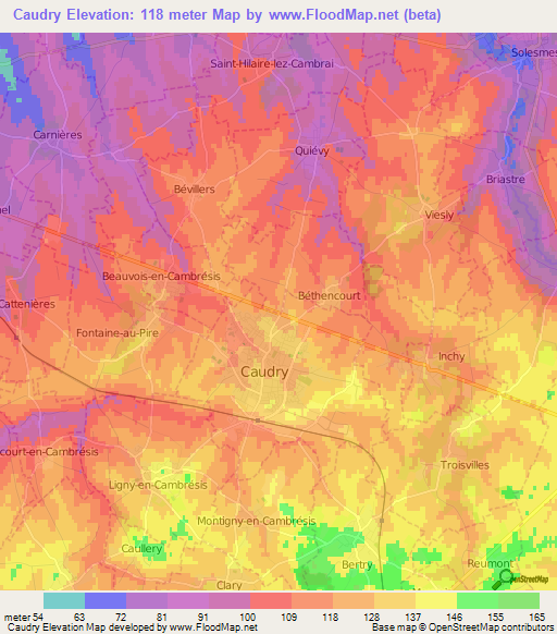 Caudry,France Elevation Map