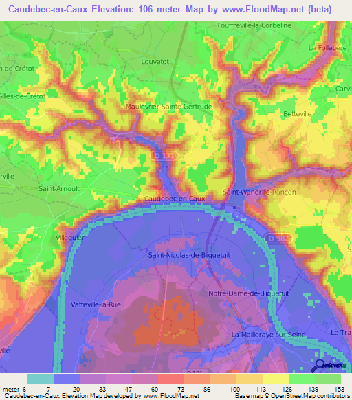 Caudebec-en-Caux,France Elevation Map