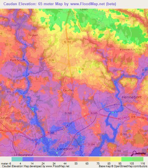 Caudan,France Elevation Map