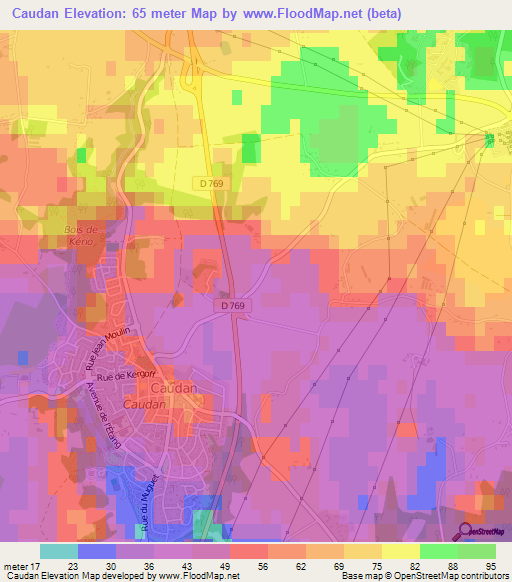 Caudan,France Elevation Map