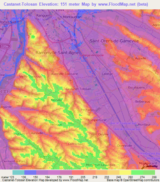 Castanet-Tolosan,France Elevation Map