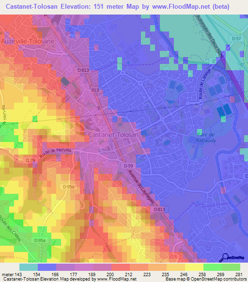 Castanet-Tolosan,France Elevation Map