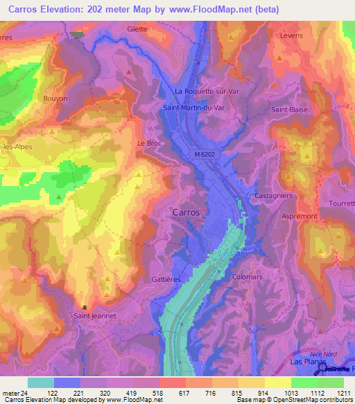 Carros,France Elevation Map