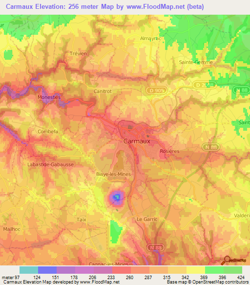 Carmaux,France Elevation Map