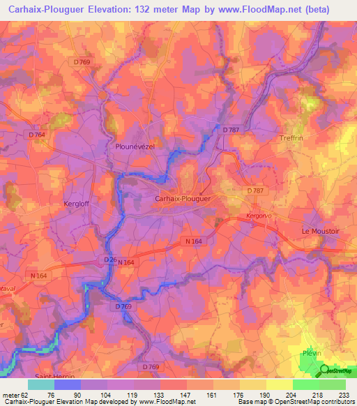 Carhaix-Plouguer,France Elevation Map