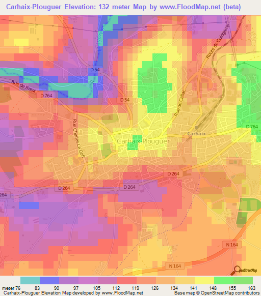 Carhaix-Plouguer,France Elevation Map