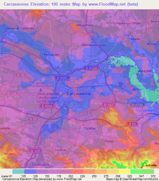 Carcassonne,France Elevation Map