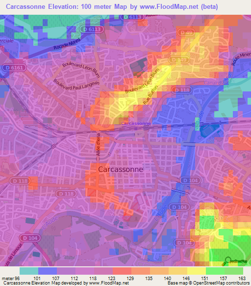 Carcassonne,France Elevation Map