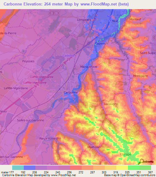 Carbonne,France Elevation Map