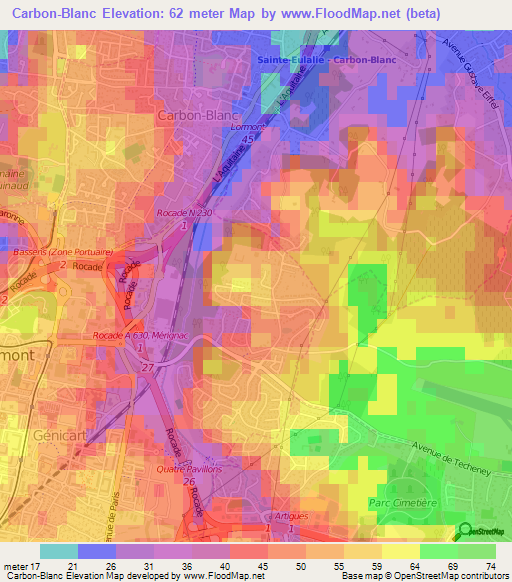 Carbon-Blanc,France Elevation Map