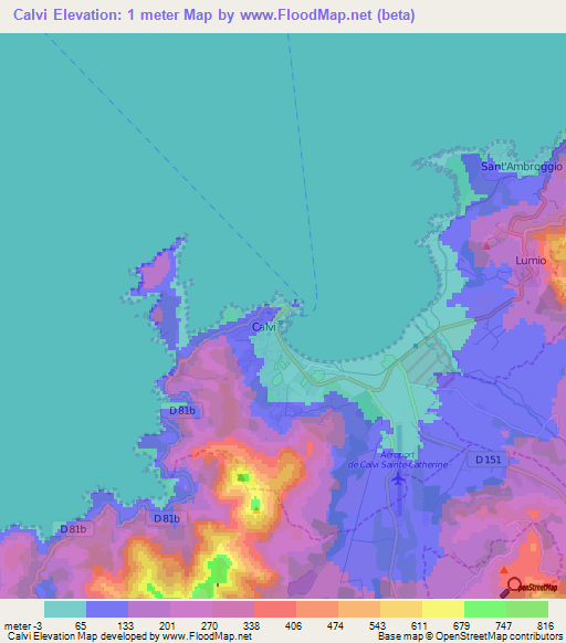 Calvi,France Elevation Map