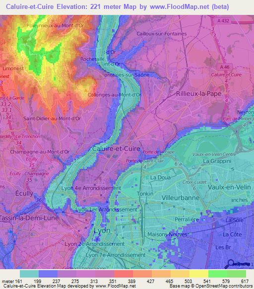 Caluire-et-Cuire,France Elevation Map