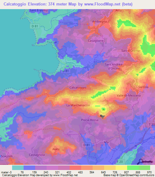 Calcatoggio,France Elevation Map