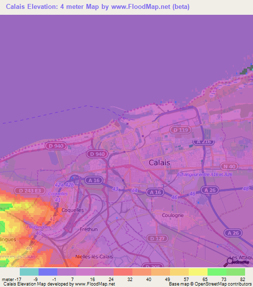 Calais,France Elevation Map