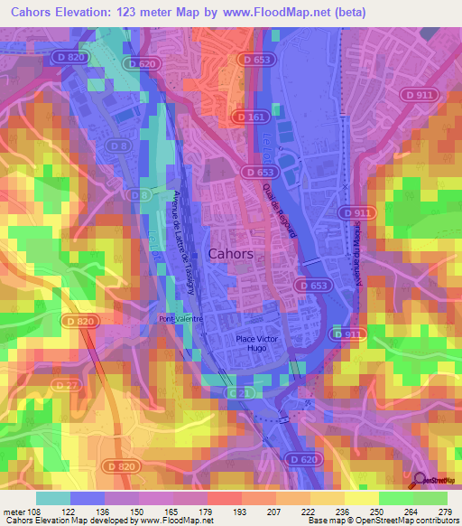 Cahors,France Elevation Map