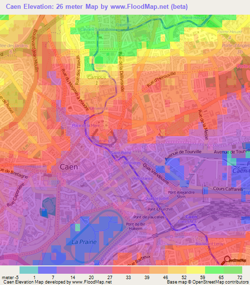 Caen,France Elevation Map