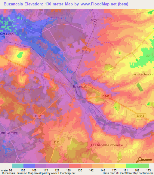 Buzancais,France Elevation Map