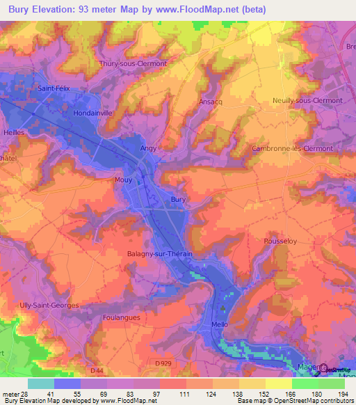 Bury,France Elevation Map