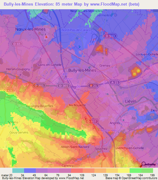 Bully-les-Mines,France Elevation Map