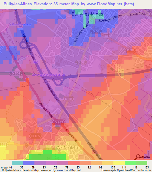 Bully-les-Mines,France Elevation Map