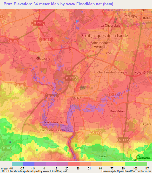 Bruz,France Elevation Map