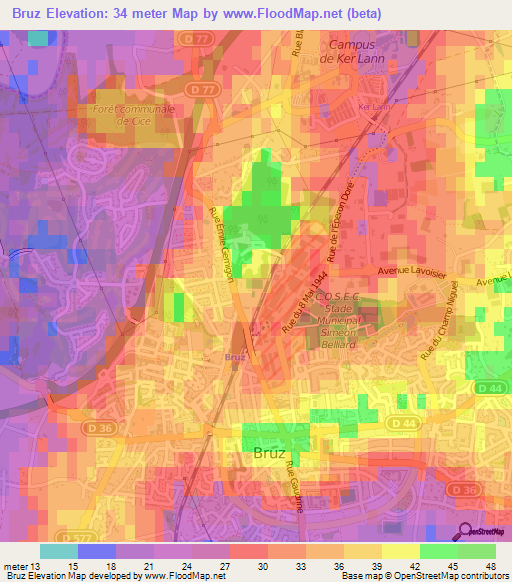 Bruz,France Elevation Map